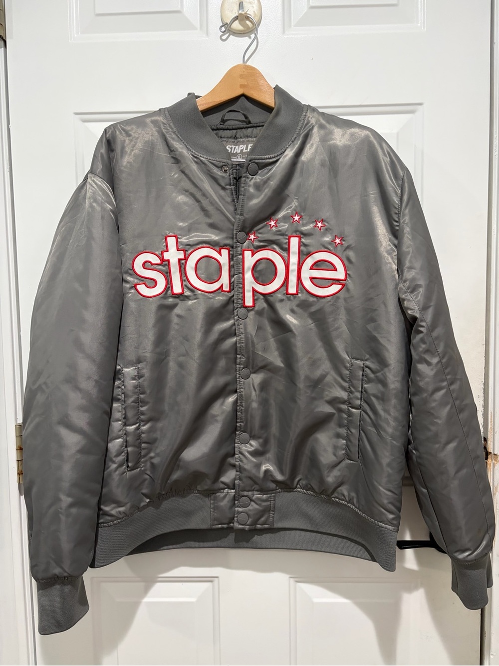 Staple Pigeon Satin Bomber Jacket with Red outline, men’s grey, XL